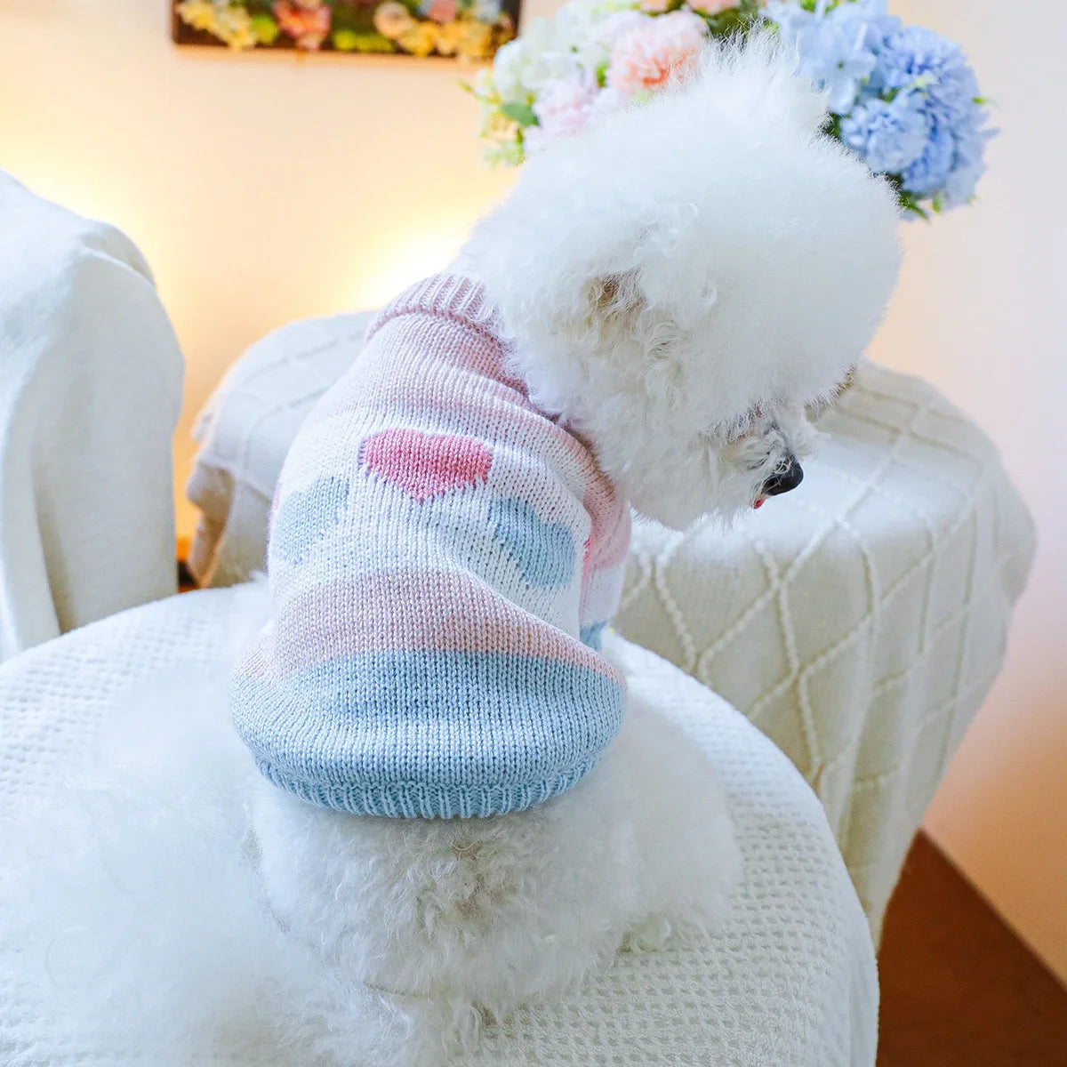 1PC Pet Clothing Spring and Autumn Dog Hoodie Elastic Blue Pink Love Jacquard Sweater Suitable for Small and Medium sized Dogs