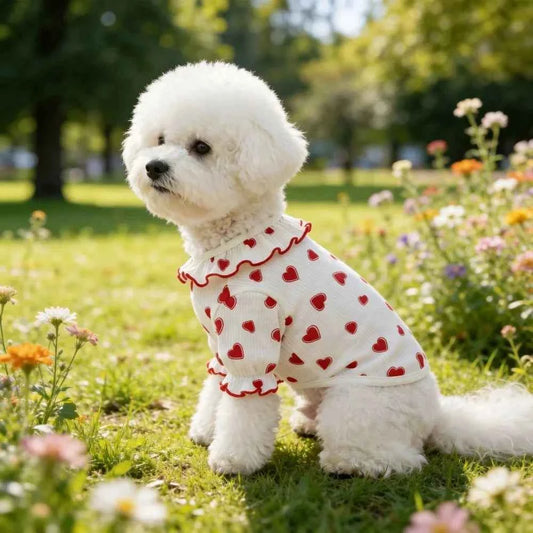 Ruffle Trim Heart Print Dog Clothes for Small Dogs, Soft Summer Puppy Shirt for Teddy Bichon, Cute Pet for Daily Walking Party