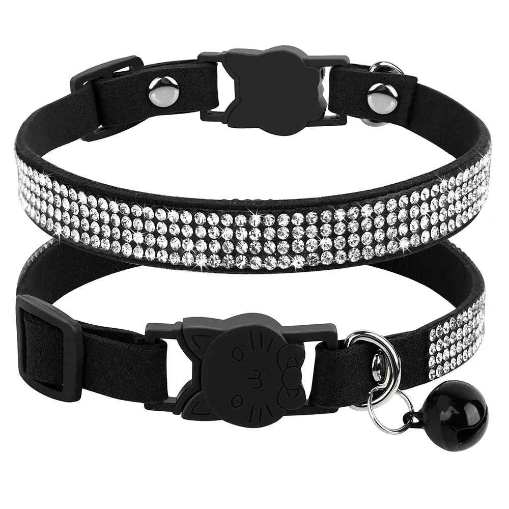 Soft Pink Suede Leather Cat Collar - Cute Bling Rhinestone Design, with Bell & Safety Breakaway Buckle, Adjustable XS/S Sizes