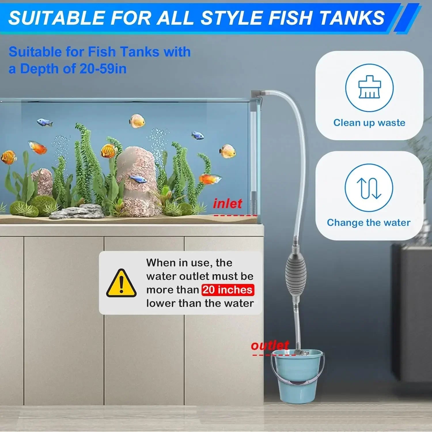 Aquarium Siphon Vacuum Cleaner Tool Set for Large Fish Tank Gravel/Sand Cleaning Water Change with Extension Tube, Fast and Easy