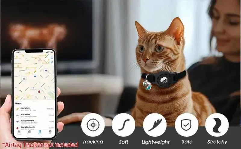 Fashion Airtag Pet Collar Adjustable Elastic Nylon Puppy Cat Collar with Bell Anti-lost GPS Tracker Case（No tracker included）