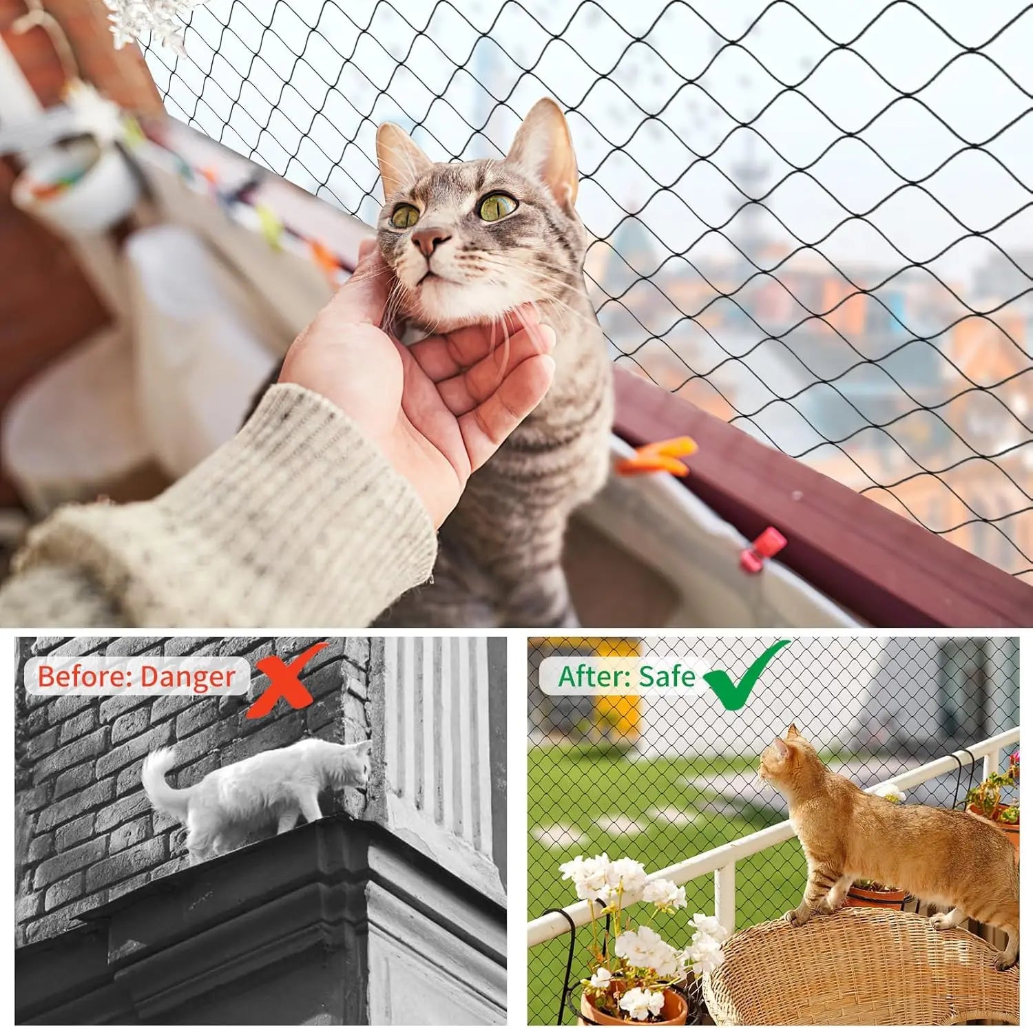 Steel Reinforced Cat Netting for Balcony- Cat Anti Fall Netting,Garden Net Anti Bird Net with Wire,Safety Netting Fence for Pets - Play Paws Toys