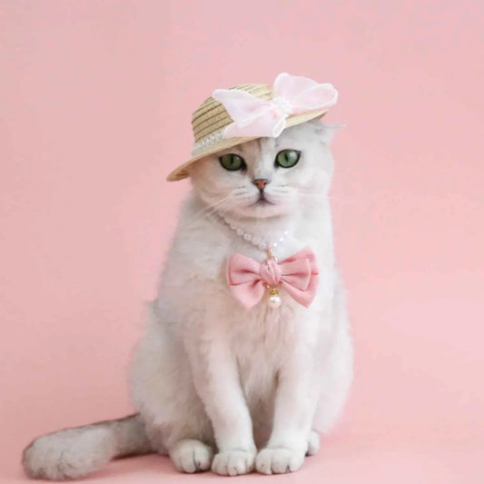 Pet Pearl Diamond Bow Necklace Princess Style Bow Tie Pendant Birthday Cat Puppy Collar