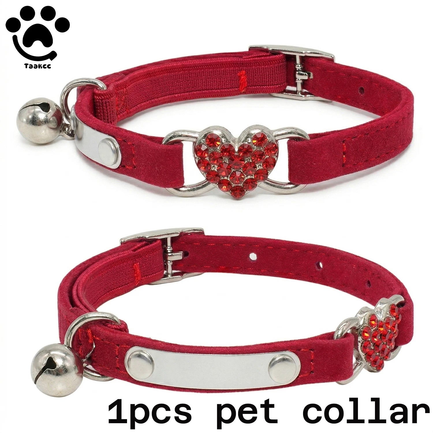 Personalized Heart Shaped Cat Collar With Bell Safety Elastic Adjustable Collar Soft Velvet Cat Crystal Collar for Kitten Puppy
