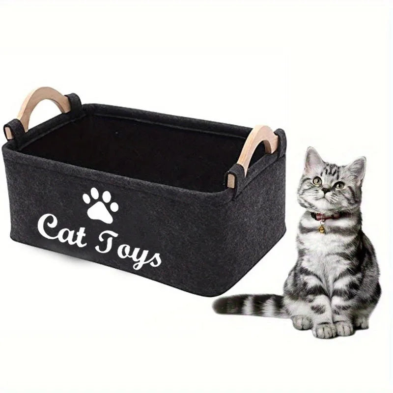 Stylish Felt Pet Toy Storage Basket - Durable Organizer for Cat & Dog Toys, Dirty Clothes, and Cleaning Supplies - Letter Print - Play Paws Toys