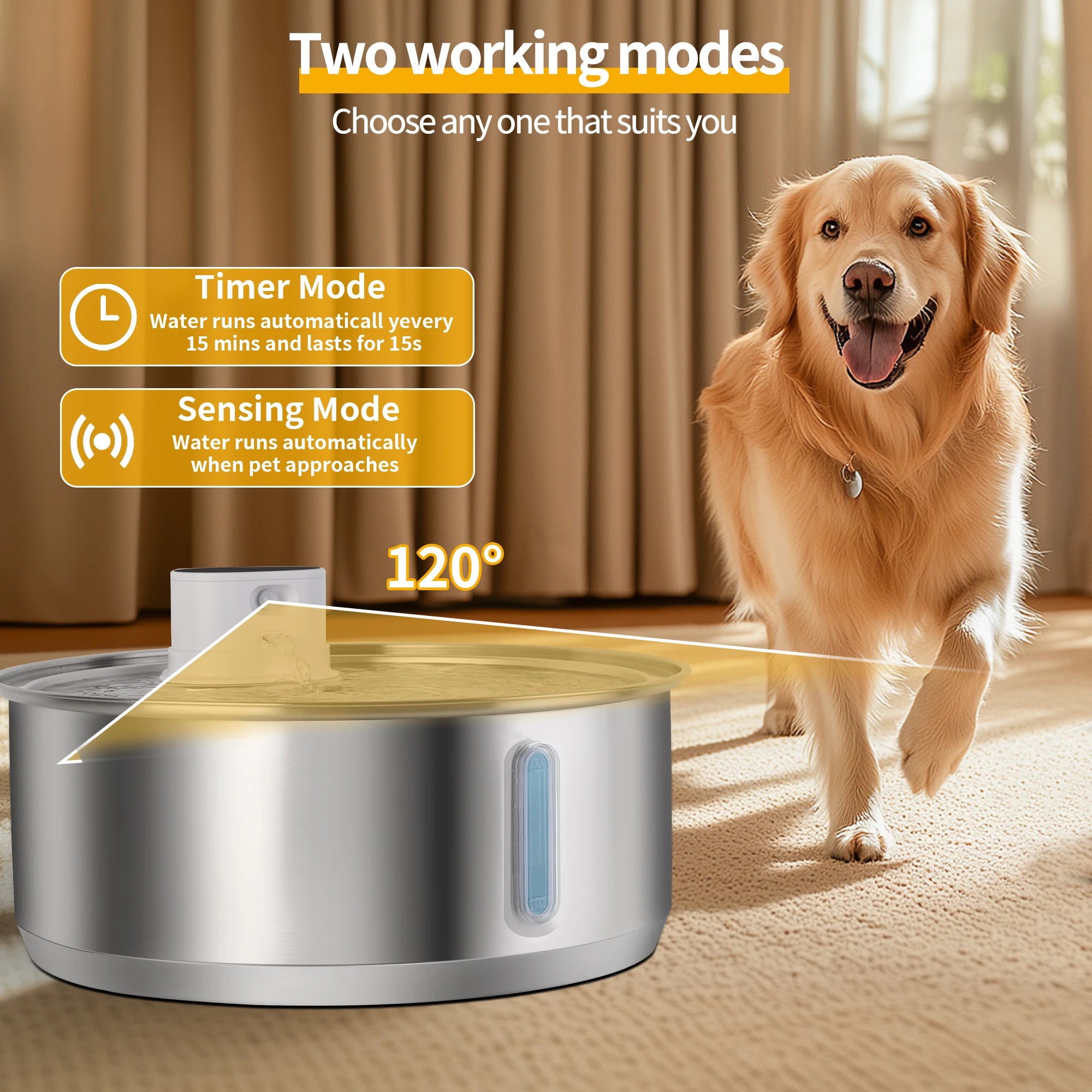 Petavista 8L Automatic Stainless Steel Dog Water Fountain 5000mAh Wireless Pet Drinker Battery & Sensor 2 in 1 Dispenser for Dog