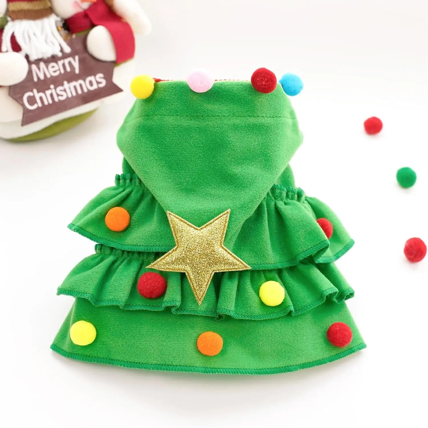 Cat Christmas Outfit Green Pet Cloak with Hat Star Pompoms Puppy Cape Clothes Tree Elf Costumes Party Pet Supplies Accessories - Play Paws Toys