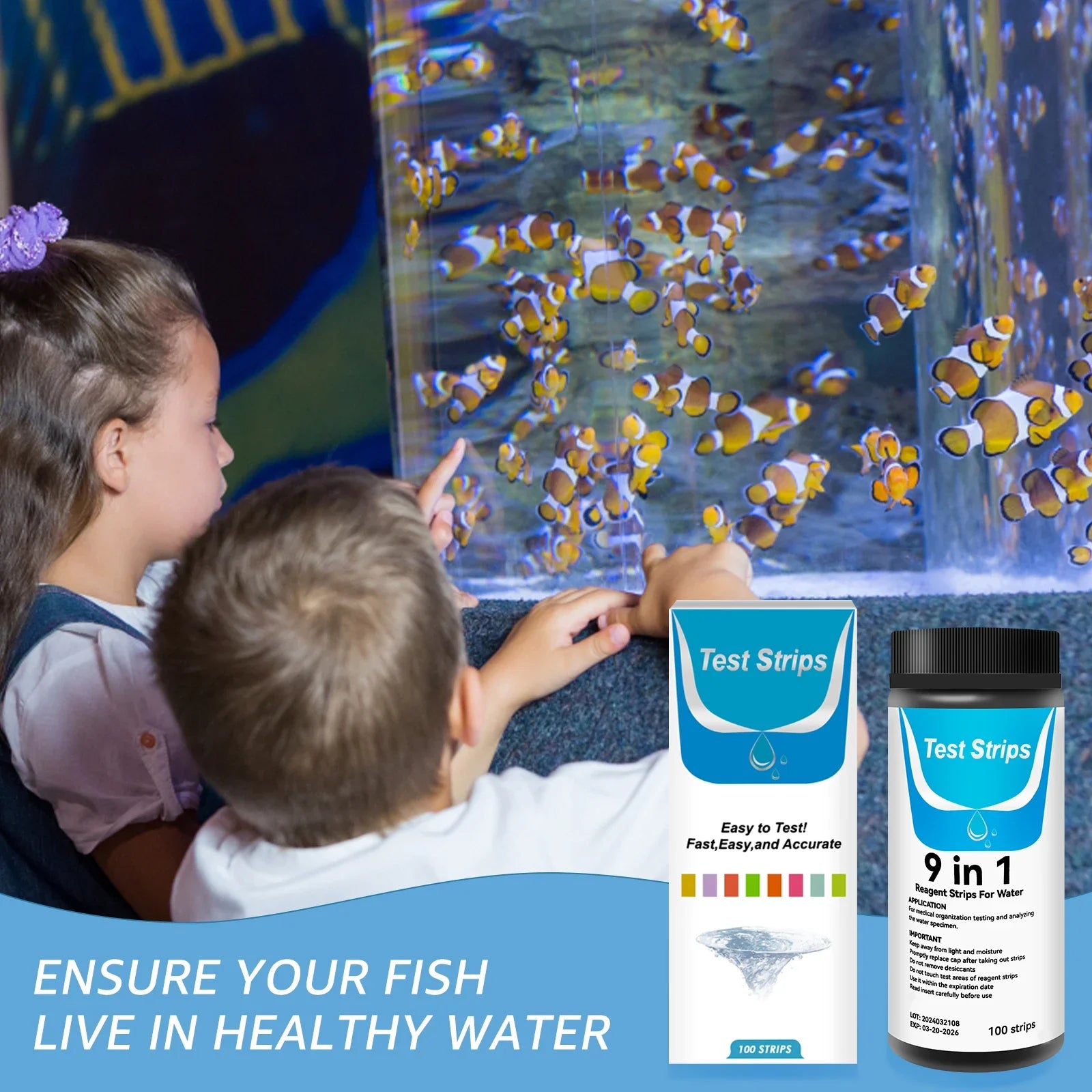 100 Pcs 9-IN-1 Aquarium Test Fish Tank Test Kit with Test Tube Water Quality Monitor pH Test Strips Strips Easy Fast Accurate