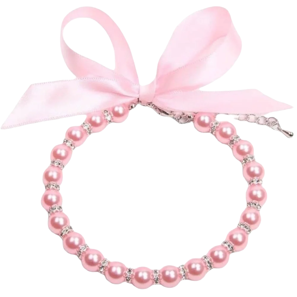 Adjustable Pet Pearl Necklace Bling Simulated Pearl Cat Bead Collar Elegant Bow Knot Ribbon Pet Simulated Pearl Collar