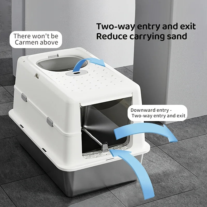 New Stainless Steel Cat Litter Box with Flip Cover Closed Design Easy to Clean Non-Slip Mat Indoor Cats Pet Supplies