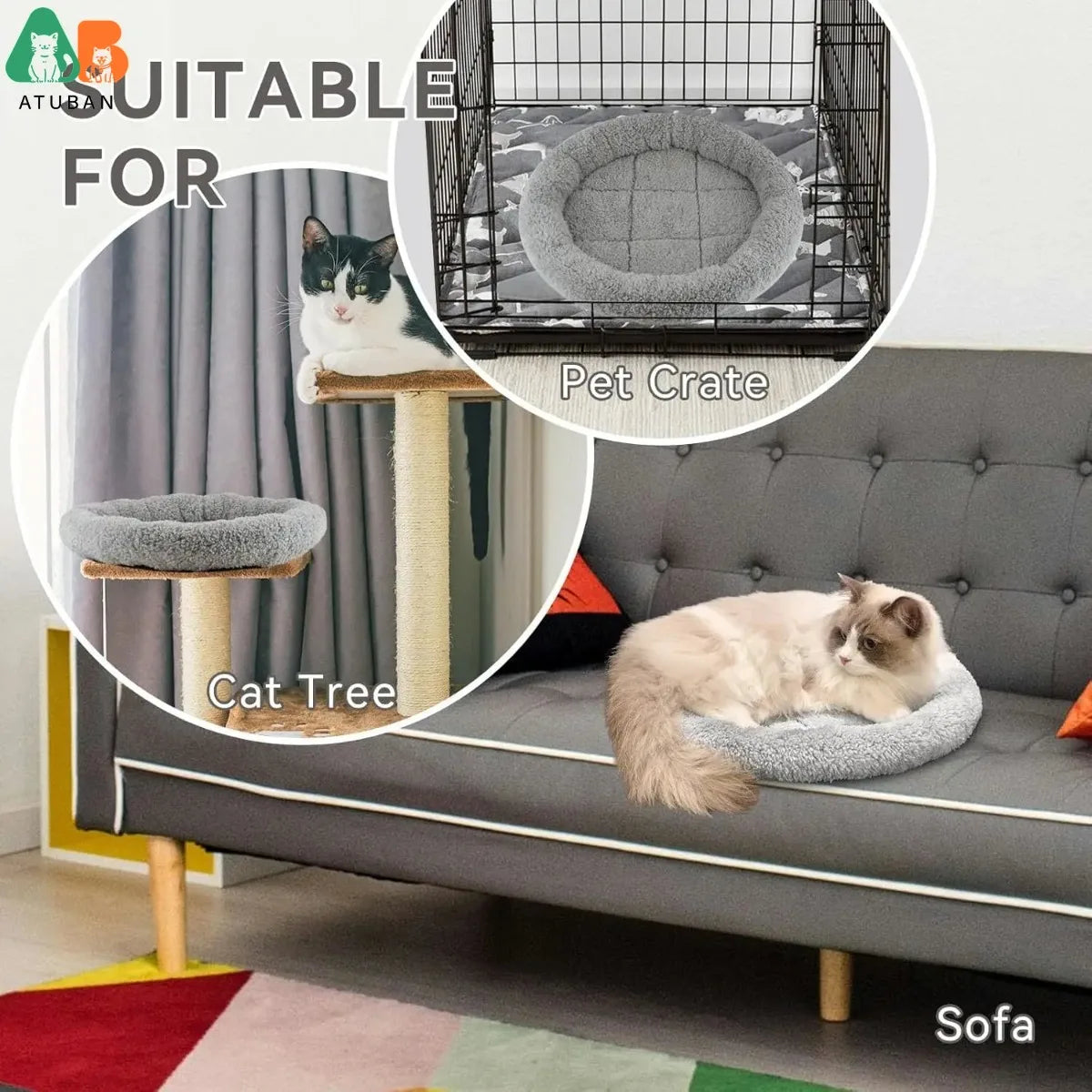 ATUBAN Cat Bed for Indoor Cats, Round Cat Bed for Curl Sleep Basic Pet Mat Wahable Bed for Small Puppy Cats Rabbit, Medium - Play Paws Toys
