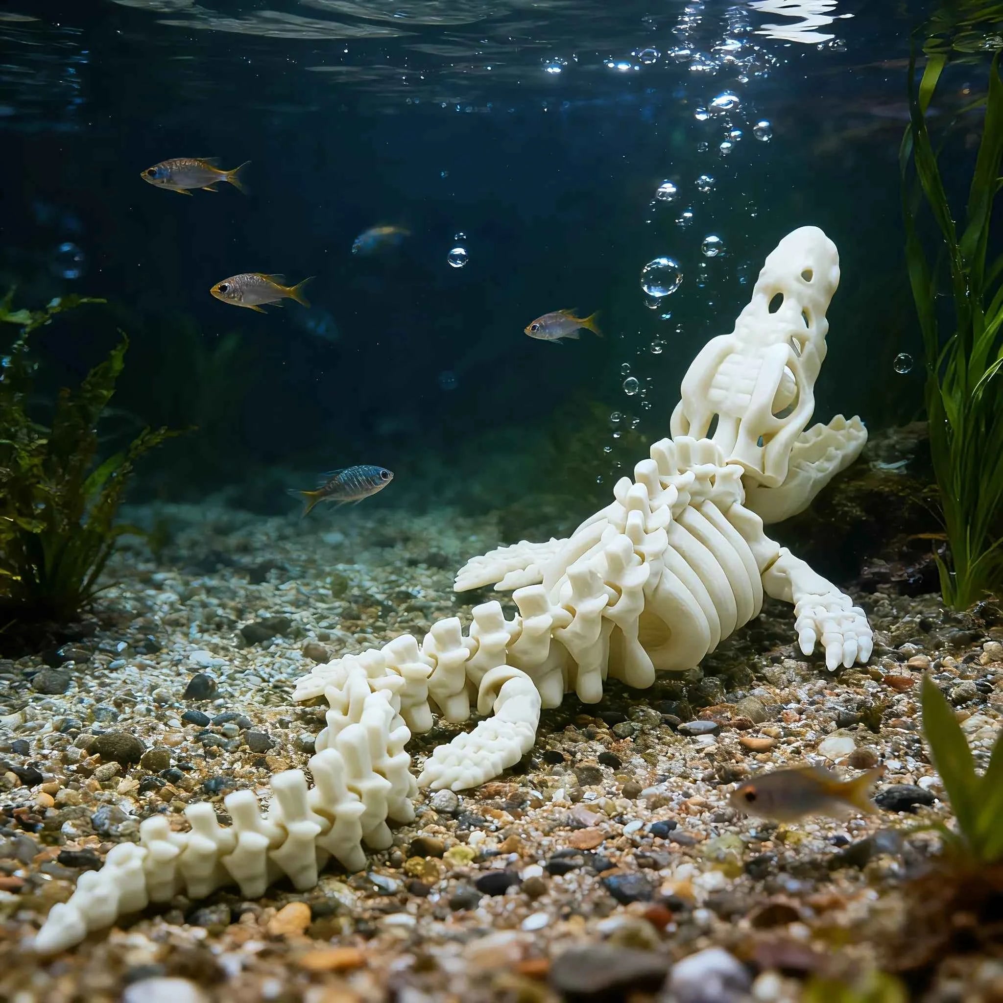 Realistic Mosasaurus Skeleton Aquarium Ornament, White Fins & Tail, Paleontology Gift for Collectors & Aquarium Enthusiasts
