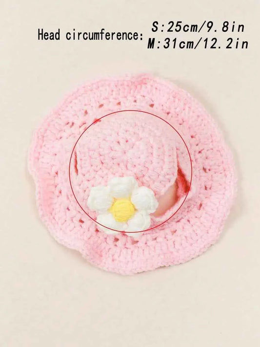 Knitted Pet Hat with Floral Trim for Cats and Small Dogs