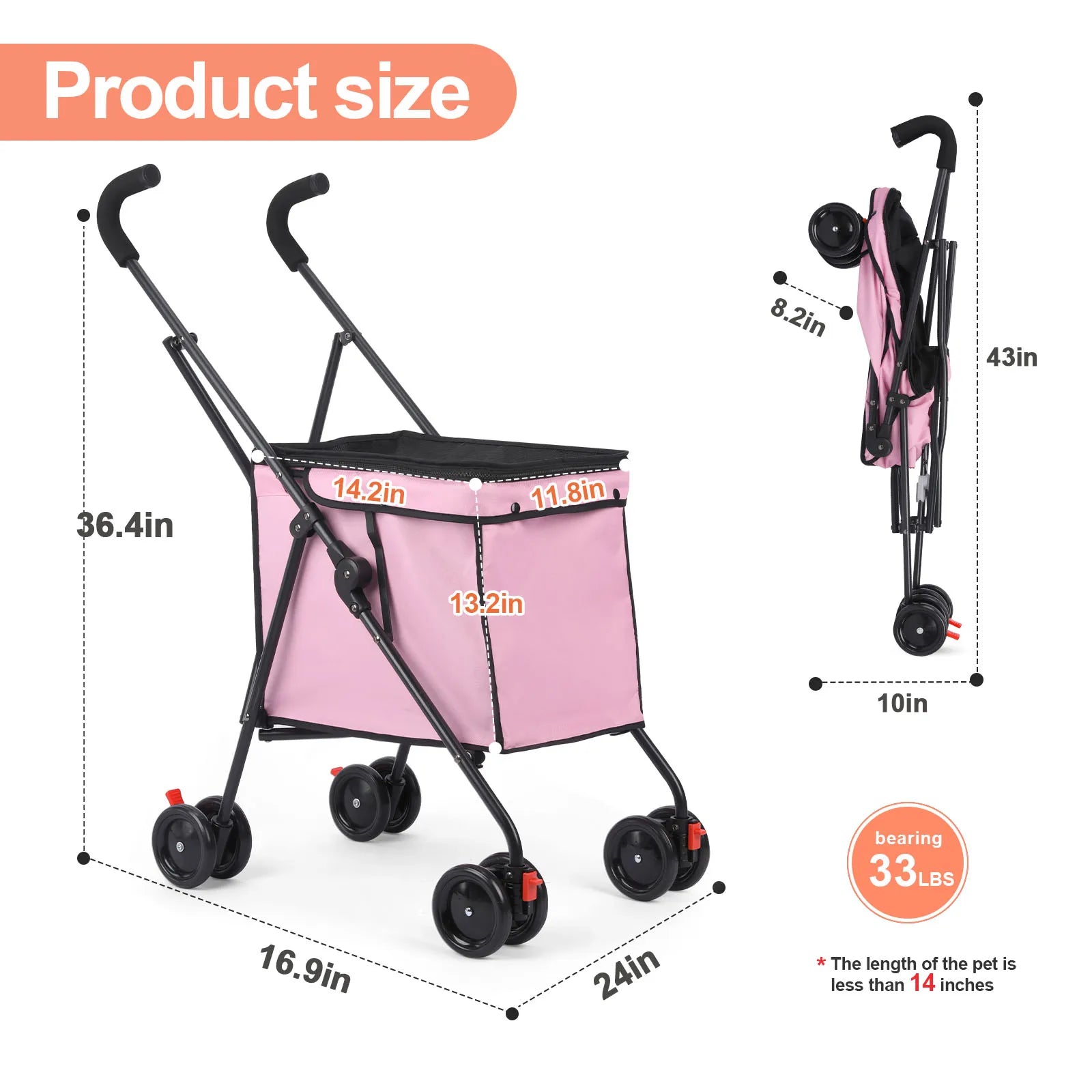 Wedyvko Shopping Trolley 33lbs 4 Wheels Dog Stroller Rotate Pink Pet Puppy StrollerTravel Hand Cart Folding einkaufswagen