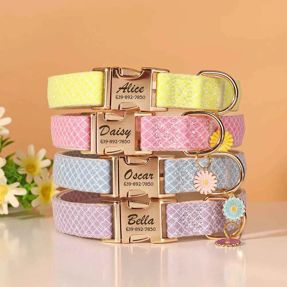 Custom Bling Nylon Dog Collar Free Engraved Puppy Dog ID Name Collars With Cute Flower Tag Accessory For Small Medium Dogs Cats