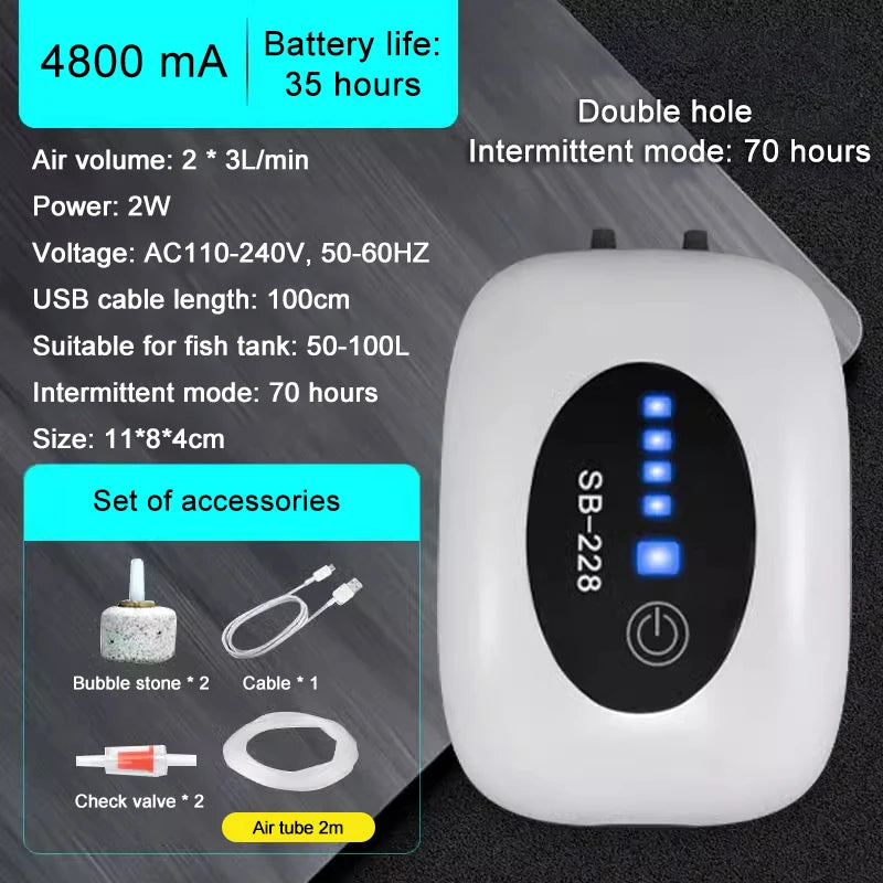 SOBO Aquarium Fish Tank Oxygen Air Pump Compressor Charging Silent USB with Battery Portable Fishing Oxygenator 6000mA Outdoor