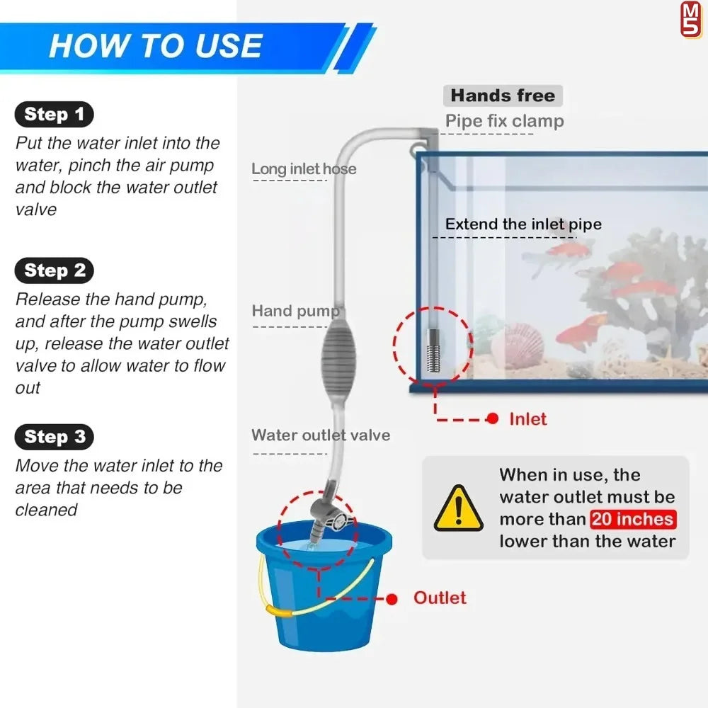 Aquarium Siphon Vacuum Cleaner Tool Set for Large Fish Tank Gravel/Sand Cleaning Water Change with Extension Tube, Fast and Easy