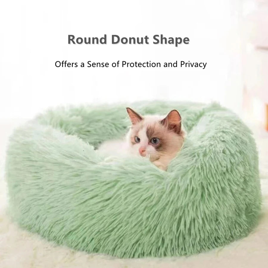 Soft Long Plush Cat House Beds dog Calm Warm Faux Fur Bed Donut Round Comfortable Sleeping Bed Washable for Small Medium Dog Cat - Play Paws Toys