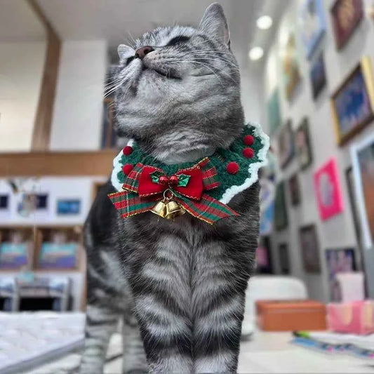 Cute Cat Bow Collar Wool Crocheted Christmas Cats Bowtie Collar Bow Tie Pet Bib for Indoor Cats Kitten and Small Dogs Puppies