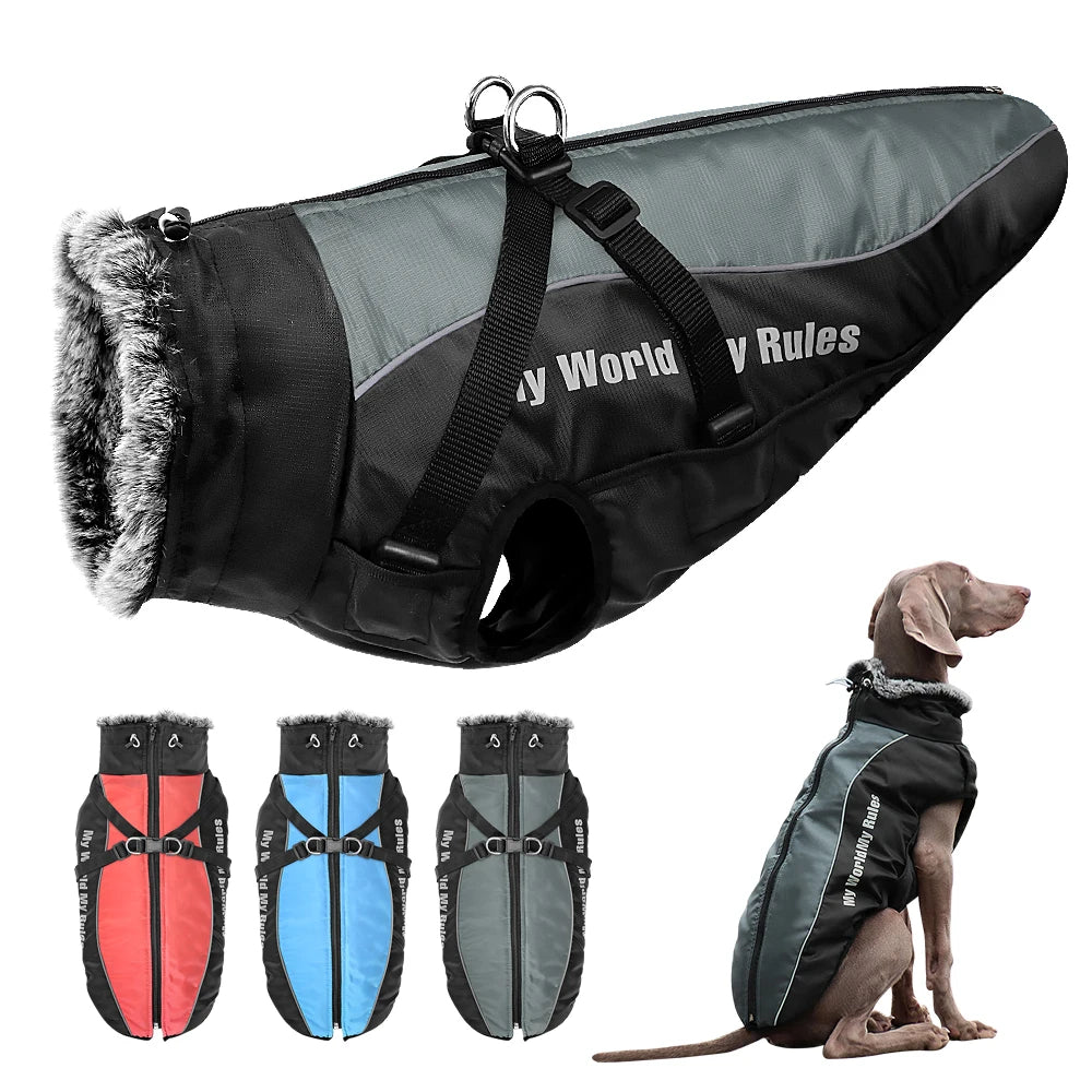 Warm Dog Clothes With Harness Winter Dog Clothes For Labrador Greyhound French Bulldog Vest Outfits Waterproof Big Dog Coat