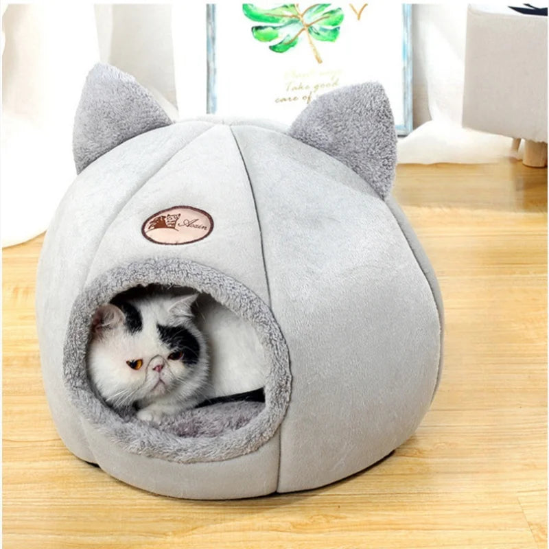 Winter Warm And Cold Proof Cat Bed Cozy Cat Cave Bed Cat Tent With Removable Cushion Pillow Cat Head Shape Cute Pet Supplies - Play Paws Toys