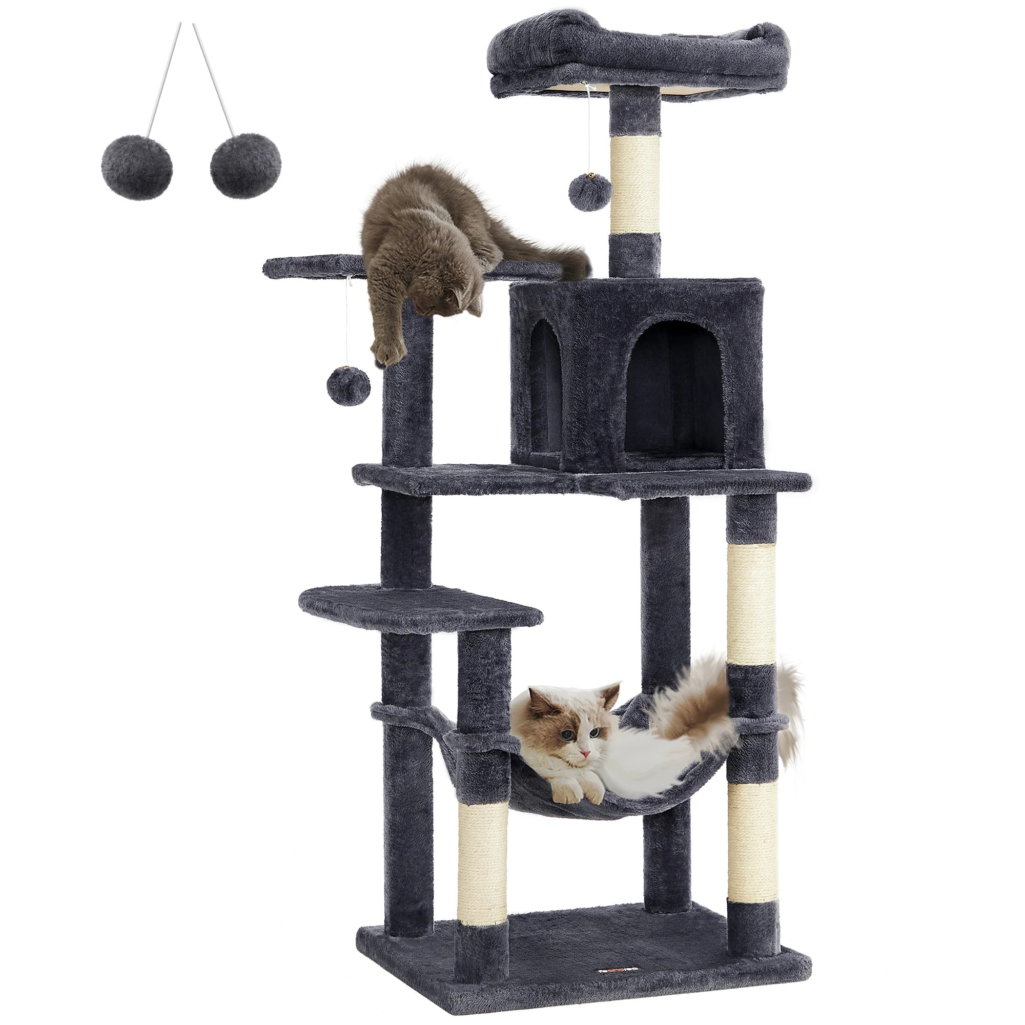 Feandrea Cat Tree, 55.1-Inch Cat Tower, Plush Multi-Level Condo with 4 Scratching Posts, 2 Perches, Hammock, Cave