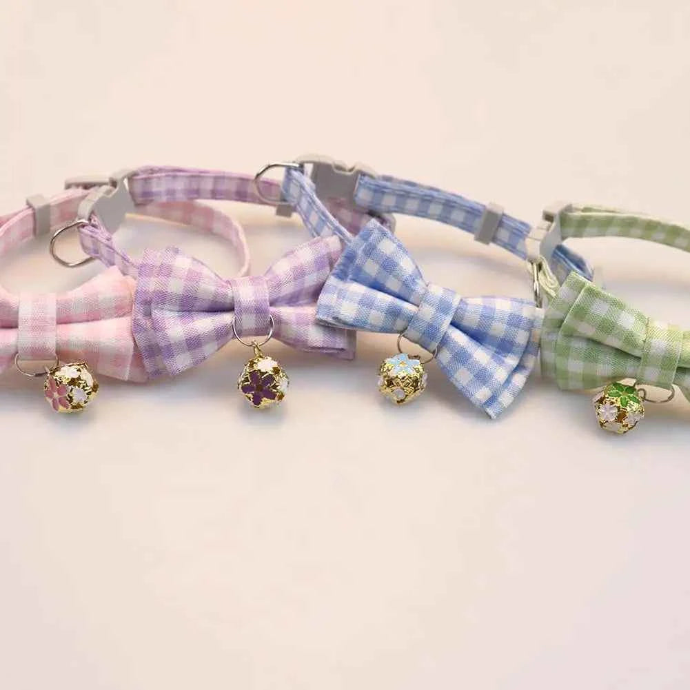 Lattice Bow Pet Cat Collar With Bell Adjustable Pet Collar Bownot Safety Necklace for Puppy Kitten Cat Cute Pattern Pet Supplies