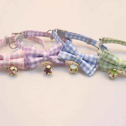 Lattice Bow Pet Cat Collar With Bell Adjustable Pet Collar Bownot Safety Necklace for Puppy Kitten Cat Cute Pattern Pet Supplies
