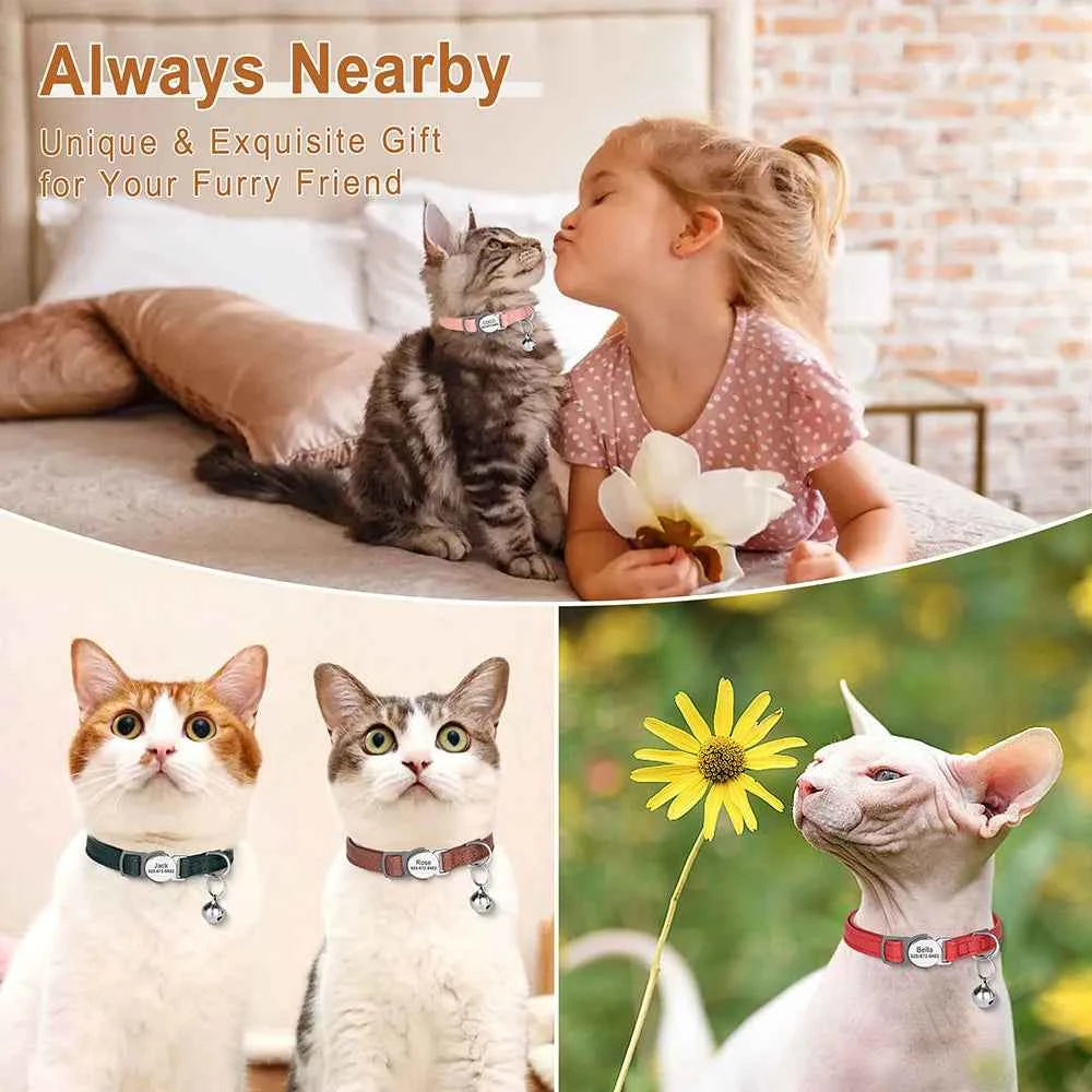 Custom Cat Collar Personalized PU Leather Kitten Puppy Collars Free Engraved ID Nameplate Necklace With Bell for cat Anti-lost