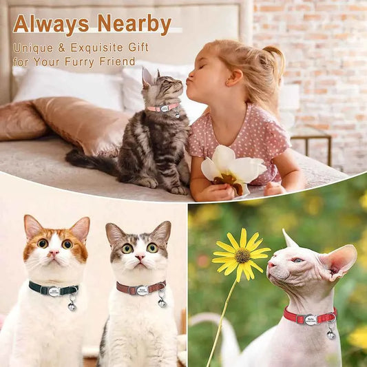 Custom Cat Collar Personalized PU Leather Kitten Puppy Collars Free Engraved ID Nameplate Necklace With Bell for cat Anti-lost
