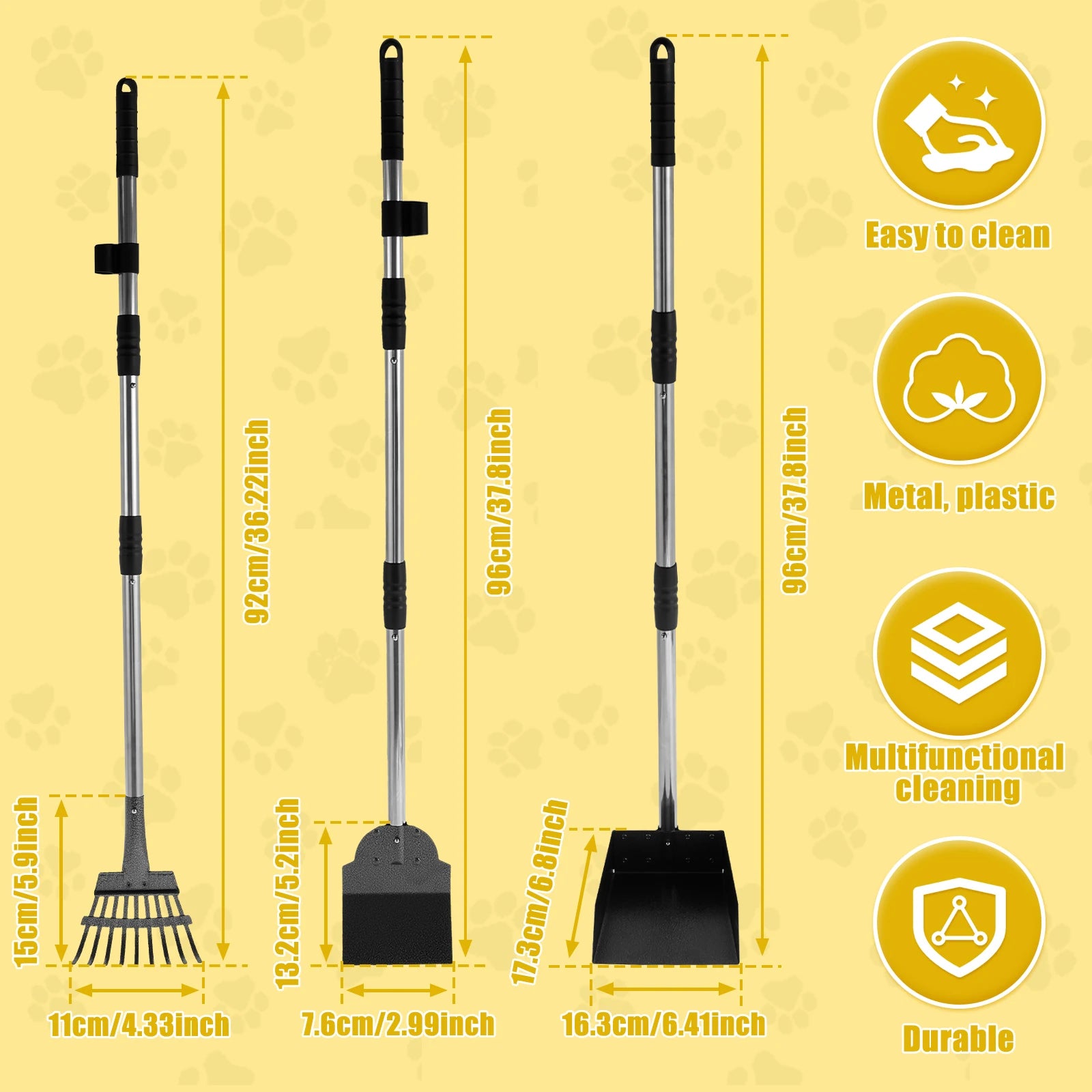 2/3Pcs Pet Pooper Scooper Set with Long Handle Multifunctional Metal Tray Rake Spade Dog Poop Picker For Pet Waste Removal