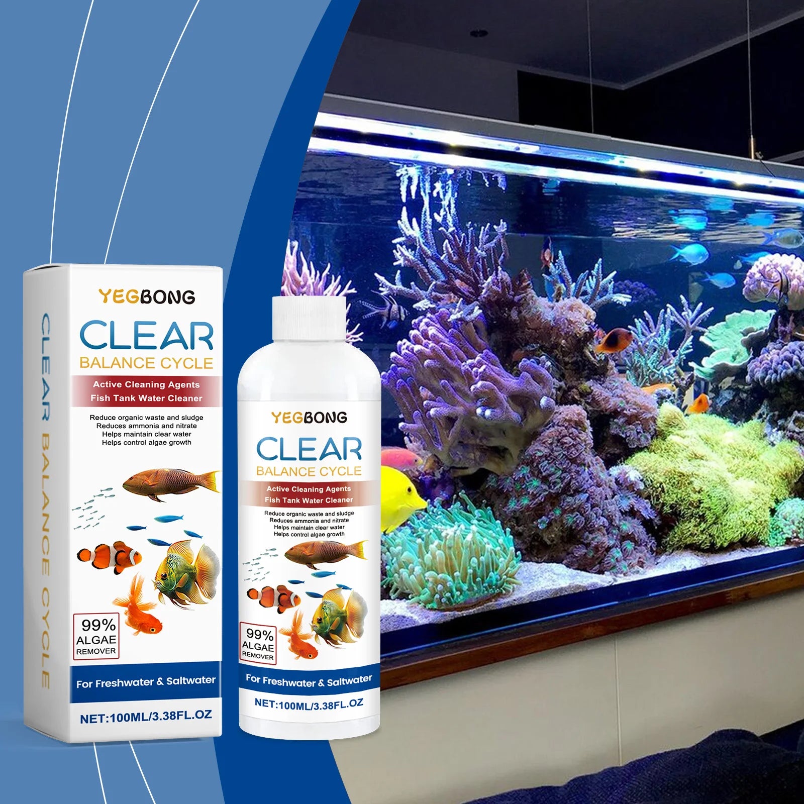Fish Tank Water Clarifying Agent Quick Clean Stains and Sludge Control Algae Growth Water Purification Fish Tank Water Cleaner