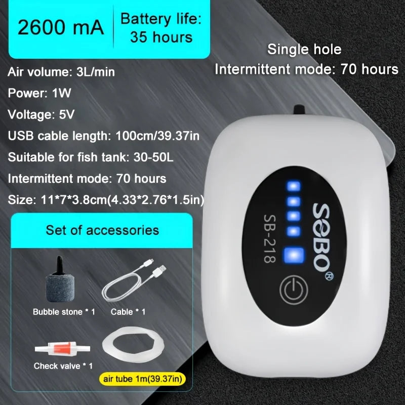 Rechargeable USB Fish Tank Air Pump 4800mAh Battery Silent Oxygen Pump with 1M Tube for Aquarium Outdoor Breeder Tanks Portable