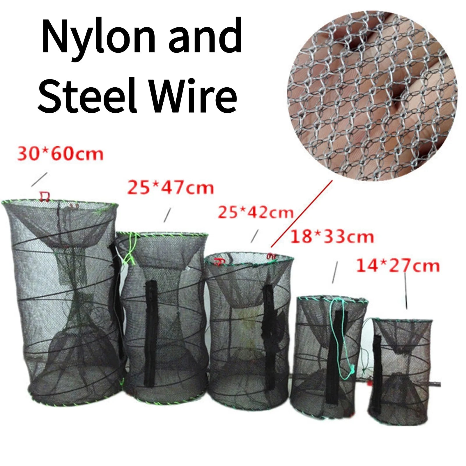 1pcs Telescopic Foldable Steel Wire Nylon Fishing Net Crayfish Crab Trap Shrimp Lobster Cage Collapsible Portable Fold Network