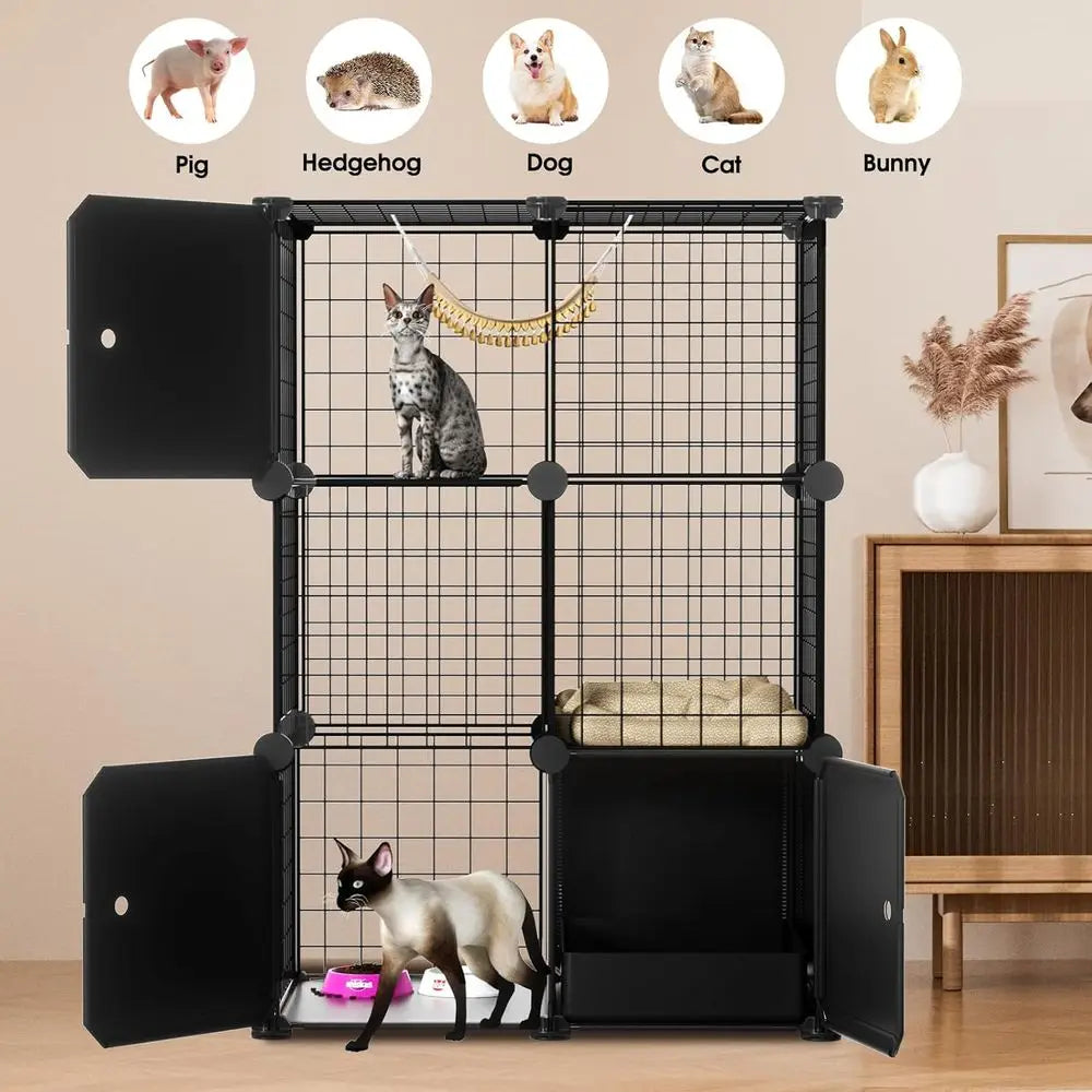 Cat Enclosure Indoor with Litter Box, 3-Tier Metal Wire Cat Cage, DIY Detachable Design for Cats, Kittens & Small Animals, Multi - Play Paws Toys