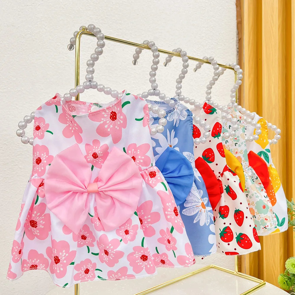Dog Princess Dress Summer Kitten Pet Skirt Cute Printed Bow Lace Dog Dresses for Small Medium Puppies Poodle Chihuahua Apparel