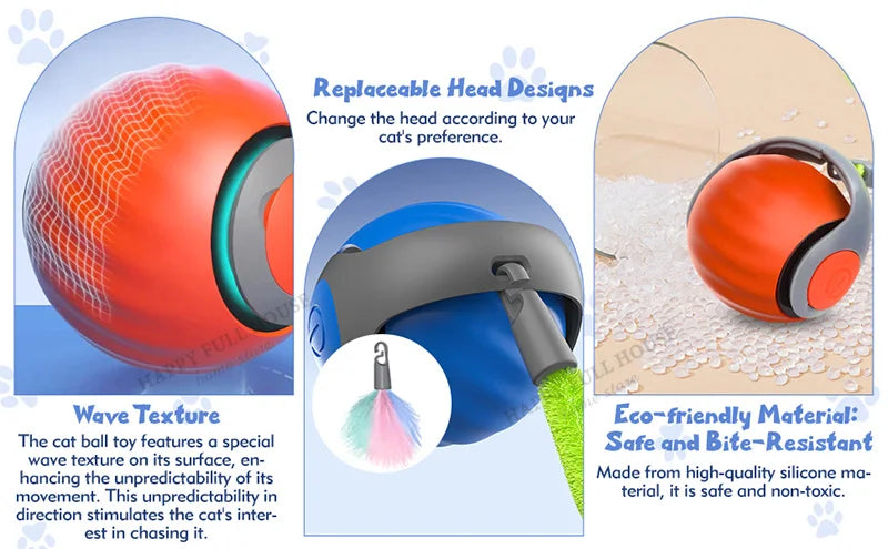 Interactive Cat Toy Balls, Automatic Toys for Cat with Replacement Tail, 2 Adjustable Modes, USB-Rechargeable Indoor Kitten Toy