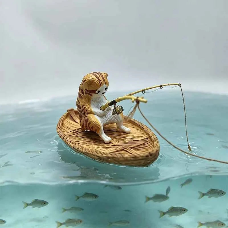 Creative Cat Fishing Boat Aquarium Ornament High Quality Resin Durable Fish Tank Decor Marine Theme