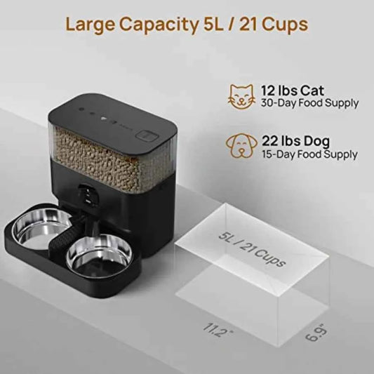 Automatic WiFi Pet Feeder for 2 Pets 5L Capacity 1-10 Meals Per Day Adjustable Bowl Height Smart Dog Cat Feeder with 2 Stainles