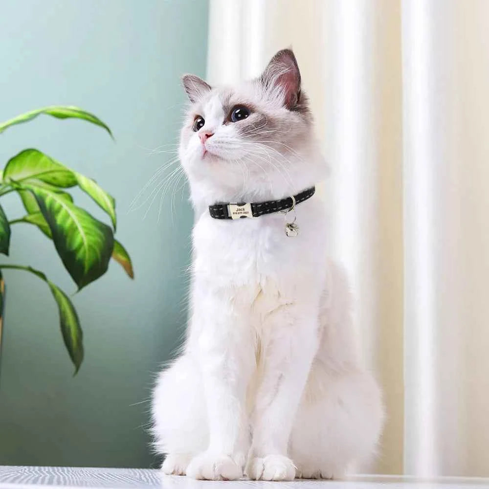 Personalized Cat Collar Reflective Nylon Dog Cats ID Collars With Bell Free Engraving for Cats Small Dogs Chihuahua 10 Colors