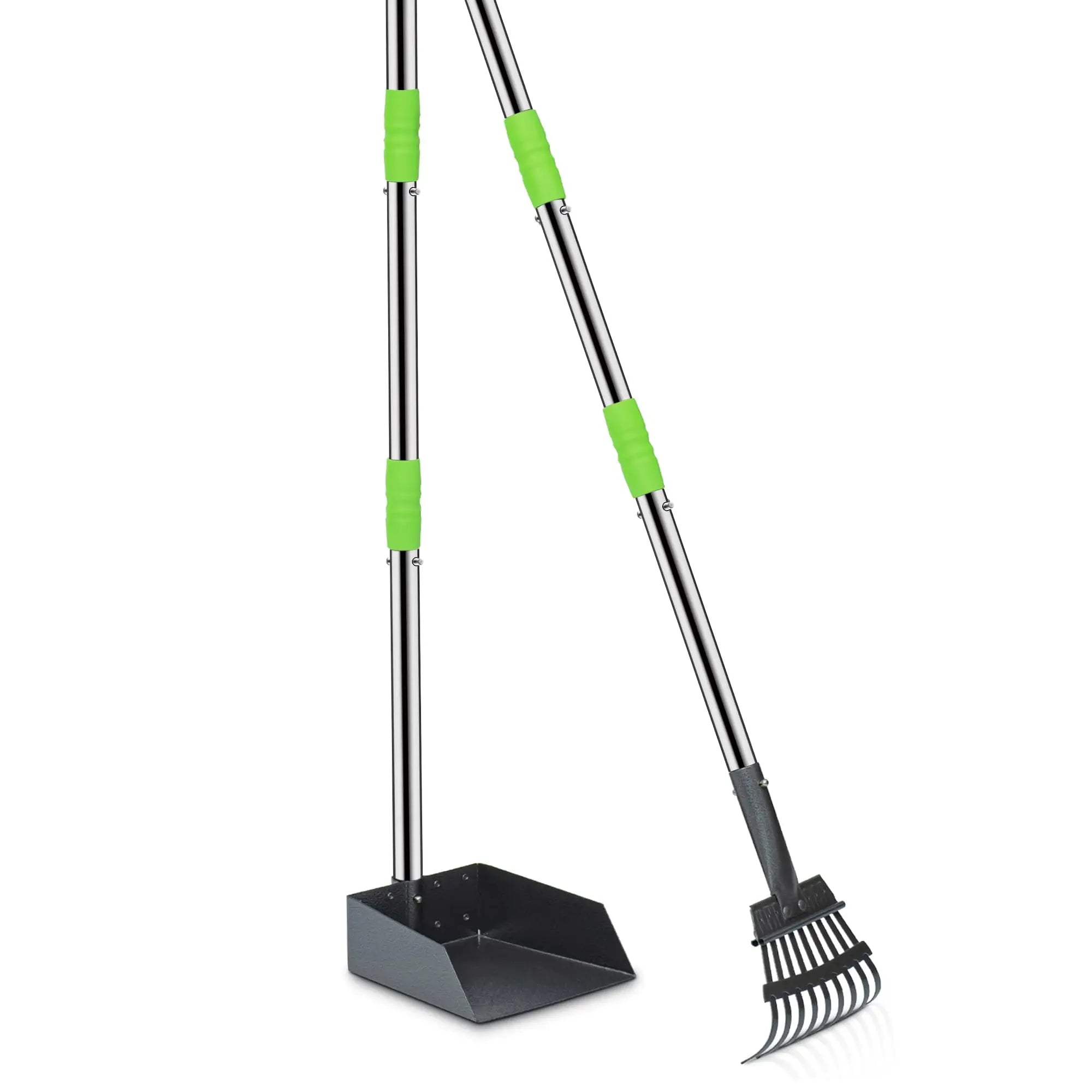 Dog Pooper Scooper, Dog Poop Tray and Rake Set, Pet Waste Removal Scoop with Long Adjustable Sectional Stainless Handles