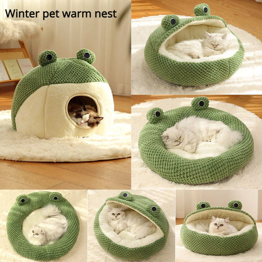 New Pet Nest Winter Warm Dog Den Cat Villa Plush Pets Mattress Small Frog Shape Semi Enclosed Kitten Puppy House Pet Supplies - Play Paws Toys