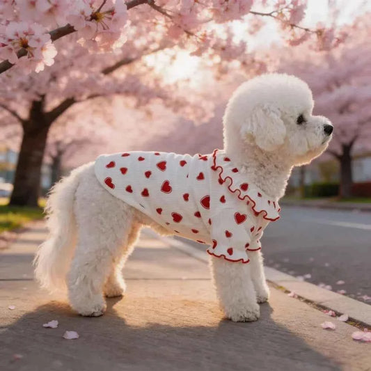 Ruffle Trim Heart Print Dog Clothes for Small Dogs, Soft Summer Puppy Shirt for Teddy Bichon, Cute Pet for Daily Walking Party