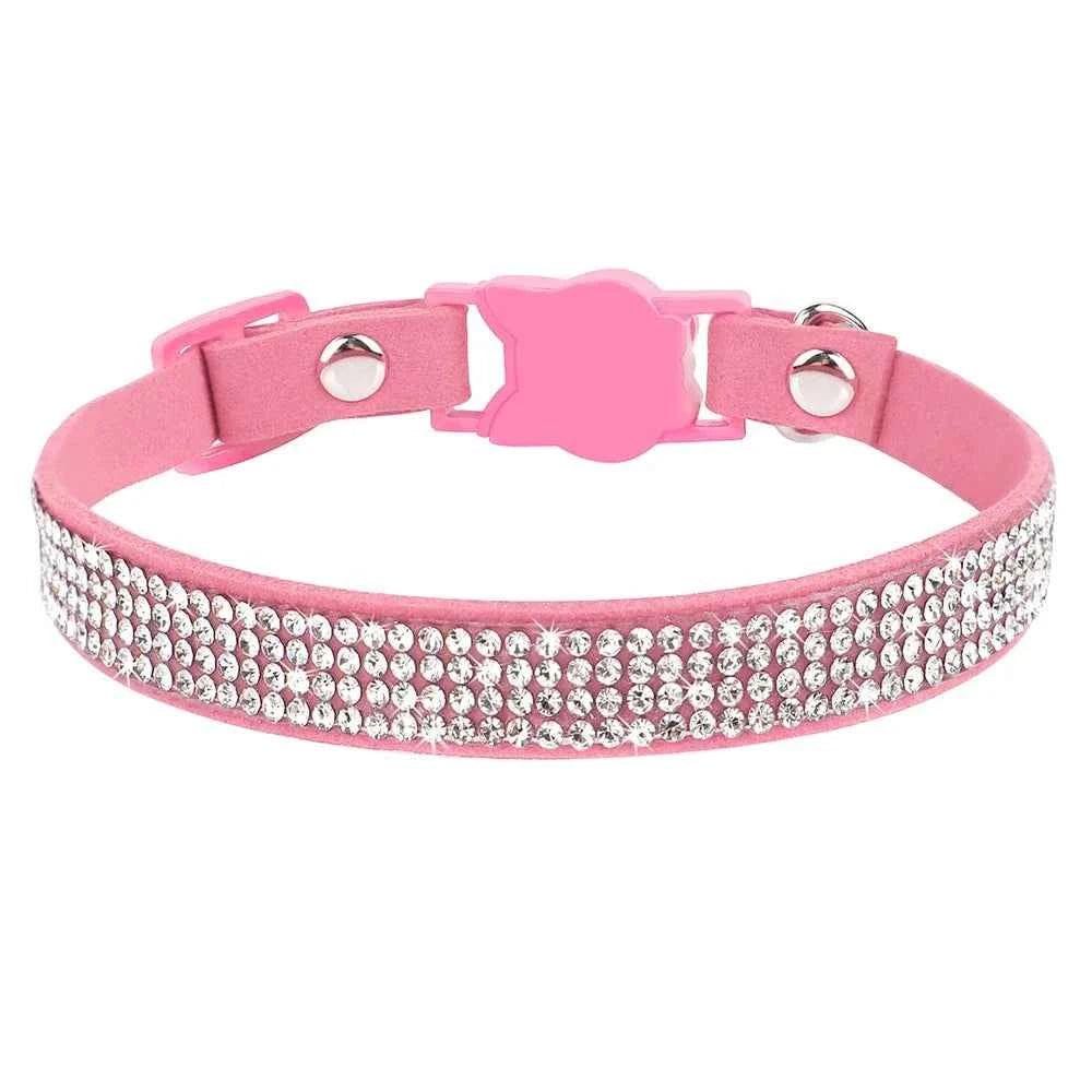 Soft Pink Suede Leather Cat Collar - Bling Rhinestone Design with Bell, Safety Breakaway & Adjustable XS/S for Cats & Puppies