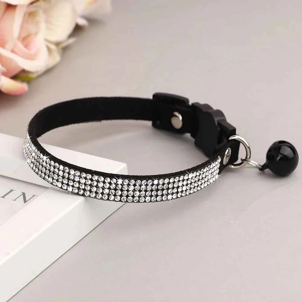 Soft Pink Suede Leather Cat Collar - Bling Rhinestone Design with Bell, Safety Breakaway & Adjustable XS/S for Cats & Puppies