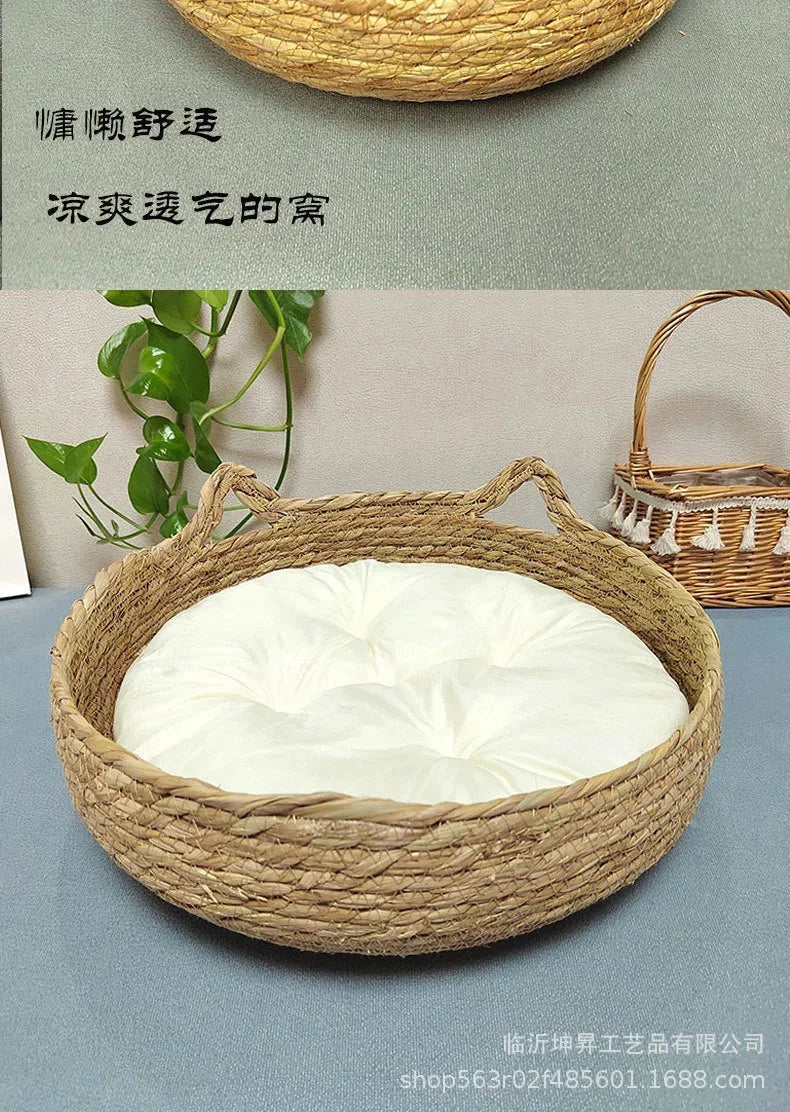 Rattan Weaving Cat Basket Bed With Soft Cushion Round Donut Design Cozy Warm Comfortable Sleeping Nest For Cats And Dogs - Play Paws Toys