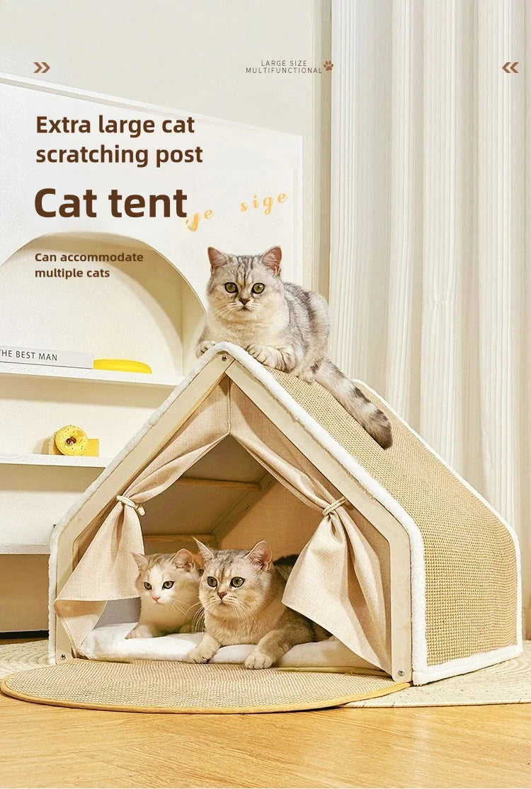 Cat nest Winter warm cat villa Cat house shell semi-enclosed sleeping bag cat scratching board does not drop scraps sisal cat te - Play Paws Toys