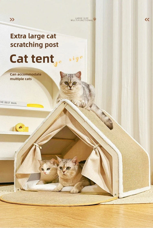 Cat nest Winter warm cat villa Cat house shell semi-enclosed sleeping bag cat scratching board does not drop scraps sisal cat te - Play Paws Toys