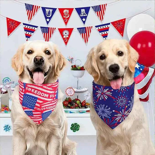4th of July Dog Bandanas XLarge 2PCS, 4 Pattern American Flag Patriotic Scarf for Boy and Girl, Durable Triangle Reversible USA Bibs for Puppy Pet