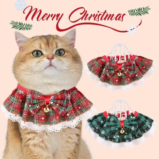 Christmas Pet Bow Bib Collar Scarf Plaid Bow Lace Saliva Towel With Bell Pendant For Dog Cat Collar Necklace Grooming Accessory - Play Paws Toys